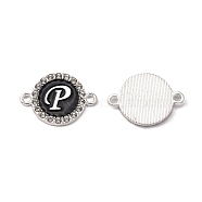 Alloy Enamel Links Connectors, with Crystal Rhinestones, Flat Round with Letter, Silver Color Plated, Letter.P, 22x16x2mm, Hole: 1.8mm(ENAM-TAC0003-01S-02P)