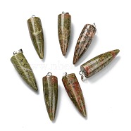 Natural Unakite Pendants, with Platinum Brass Findings, Bullet, 32~35x10~11mm, Hole: 7X3mm(G-D040-01P-B01)