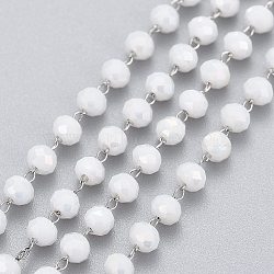 3.28 Feet Handmade Glass Beaded Chains, Faceted, Soldered, with 304 Stainless Steel Eye Pin, Stainless Steel Color, White, Beads: 3.5x3mm(X-CHS-K013-01P)