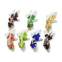 Brass Cloisonne Pendants, Gold Fish Charms with Jump Rings, Golden, Mixed Color, 75x38~42.5x22mm, Hole: 6.5mm(KK-P251-A03-G)