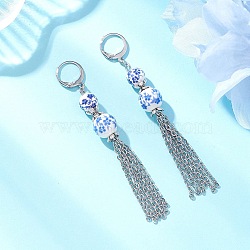 Handmade Flower Printed Porcelain Ceramic Beads Leverback Earrings, with 304 Stainless Steel Cable Chains Tassel, Platinum, 80x12mm(EJEW-JE06893)