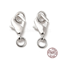 Anti-Tarnish Rhodium Plated 925 Sterling Silver Lobster Claw Clasps, with Jump Rings and 925 Stamp, Platinum, 11x6.5x2.5mm(STER-D006-21P)