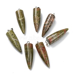 Natural Unakite Pointed Pendants, with Platinum Brass Findings, Bullet, 32~35x10~11mm, Hole: 7X3mm(G-D040-01P-B01)