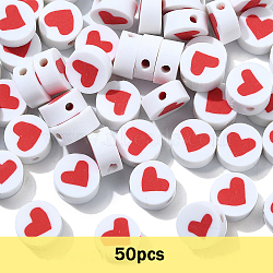 50Pcs Handmade Polymer Clay Beads, Round with Heart, Valentine's Day Theme, Red, 9.5x4.5mm, Hole: 1.8mm(CLAY-YW0002-33)