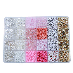 DIY 24 Style Acrylic & ABS Beads Jewelry Making Finding Kit, Flat Round & Star & Barrel & Round & Heart & Strip & Rhombus, Pearl Pink, 6~18.5x6~15x2.2~16.5x1.5~7.5mm, Hole: 0.7~1.8mm(DIY-NB0012-02H)