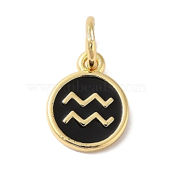 Real 18K Gold Plated Brass Enamel Charms, with Jump Ring, Long-Lasting Plated, Lead Free & Cadmium Free, Flat Round with Aquarius Charms, Black, 10x8x1mm, Hole: 4mm(KK-L216-001G-E01)