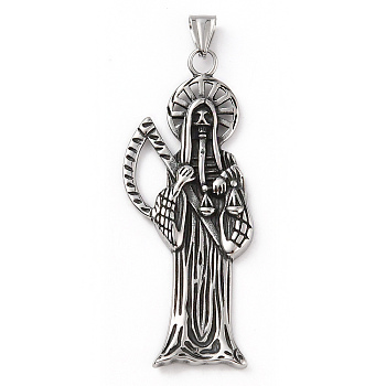 304 Stainless Steel Pendants, with 201 Stainless Steel Snap on Bails, God of Death Charm, Antique Silver, 74.5x30x3.5mm, Hole: 9.5x5mm