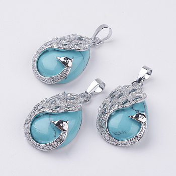 Synthetic Turquoise Pendants, with Brass Finding, Teardrop with Peacock, Platinum, 33x20x10.5mm, Hole: 5x6.5mm