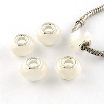 Imitation Cat Eye Resin European Beads, Large Hole Rondelle Beads, with Silver Color Plated Brass Cores, White, 13~14x9mm, Hole: 4.5~5mm