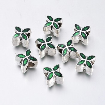 Alloy Enamel European Beads, Large Hole Flower Beads, Antique Silver, Green, 10x10x8mm, Hole: 5mm