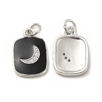 Brass Micro Pave Cubic Zirconia Pendants, with Enamel & Jump Ring, Rectangle with Moon Charm, Platinum, Black, 16x11x2mm, Hole: 2.5mm