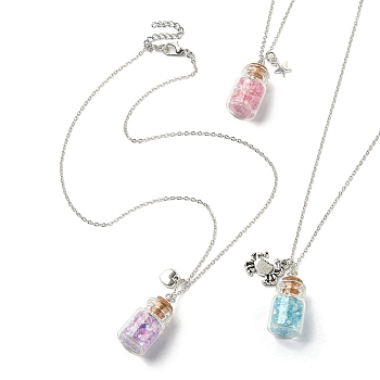 3Pcs 3 Style Heart & Crab & Star Alloy Pendant Necklaces Set, Glass Chips Wish Bottle Necklaces, Mixed Color, 17.91 inch(45.5cm), 1Pc/style