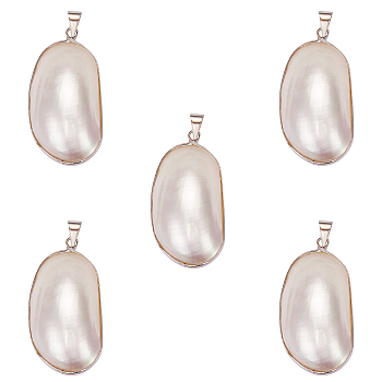 5Pcs Natural White Shell Mother of Pearl Shell Big Pendants, with Brass Findings, Oval, Platinum, 44x24x13mm, Hole: 4x5mm