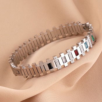 304 Stainless Steel Rhinestone Bangles for Women, Rectangle, Platinum, Inner Diameter: 2-3/8 inch(5.9cm)