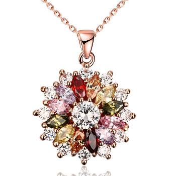 Real Rose Gold Plated Brass Cubic Zirconia Flower Pendant Necklaces, Colorful, 19.7 inch
