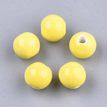 Handmade Porcelain Beads, Bright Glazed Porcelain, Round, Yellow, 8~8.5x7.5~8mm, Hole: 1.5~2mm