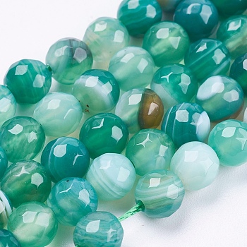 Natural Striped Agate/Banded Agate Beads Strands, Round, Faceted, Dyed, Green, 6mm, Hole: 1mm, about 62pcs/strand, 14.5 inch(37cm)