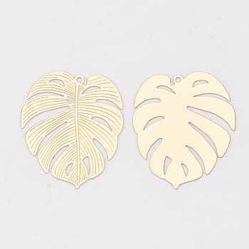 Brass Pendants, Tropical Leaf Charms, Etched Metal Embellishments, Long-Lasting Plated, Monstera Leaf, Light Gold, 29.5x25x0.3mm, Hole: 1.2mm