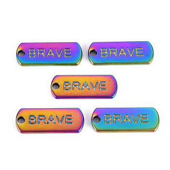 Rainbow Color Alloy Charms, Cadmium Free & Nickel Free & Lead Free, Oval with Brave, 21x8x1.8mm, Hole: 1.6mm