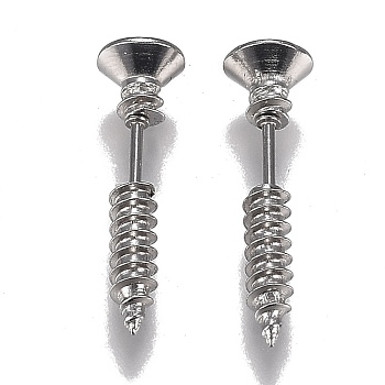 Vacuum Plating 304 Stainless Steel Unisex Punk Hip-hop Rock Nail Shape Screw Pierced Stud Earrings, Light Grey, 25.5x7mm, Pin: 1mm