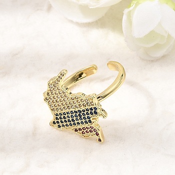 Brass Micro Pave Cubic Zirconia Cuff Open Rings, Map, Rack Plating, Long-Lasting Plated, Cadmium Free & Lead Free, Real 18K Gold Plated, 17mm