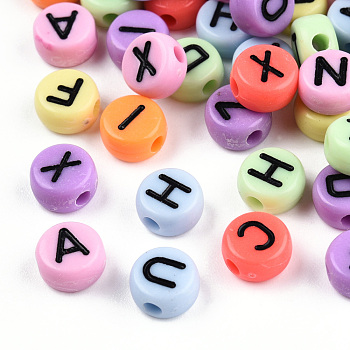 Opaque Acrylic Beads, Flat Round with Black Letter, Mixed Color, 7x4mm, Hole: 1.8mm, about 3600pcs/500g