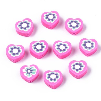 Handmade Polymer Clay Beads, Heart with Flower Pattern, Hot Pink, 9x9~10x4~5mm, Hole: 1.5mm