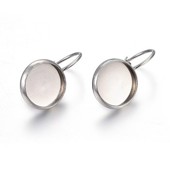 304 Stainless Steel Leverback Earring Settings, Flat Round, Stainless Steel Color, Tray: 10mm, 21x12x11mm, Pin: 0.7mm