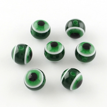 Round Evil Eye Resin Beads, Dark Green, 6x5mm, Hole: 1.8~2mm
