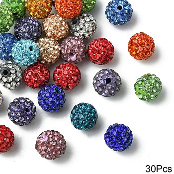 30Pcs Glass Rhinestone Clay Pave Round Beads, PP15(2.1~2.2mm), 6 Rows Rhinestone, Mixed Color, 10mm, Hole: 1.8mm, 30pcs/set