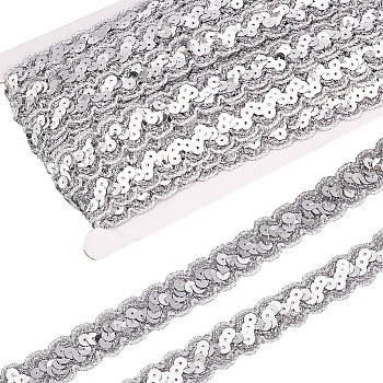 Sparkle Wave Pattern Metallic Polyester Lace Ribbon, with Paillette, Clothing Accessories, Silver, 3/4 inch(19mm), about 14.22 Yards(13m)/pc