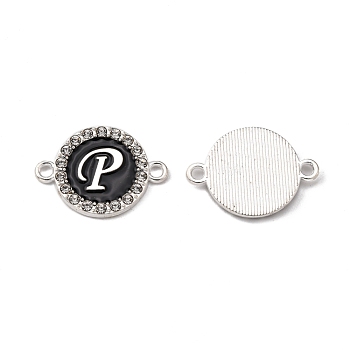 Alloy Enamel Links Connectors, with Crystal Rhinestones, Flat Round with Letter, Silver Color Plated, Letter.P, 22x16x2mm, Hole: 1.8mm