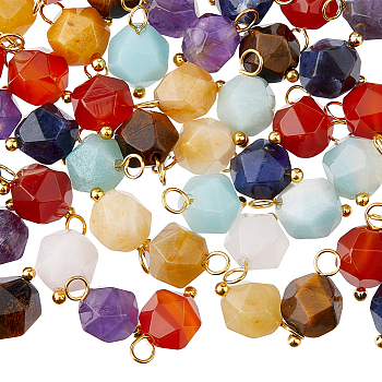 60Pcs Chakra Theme Natural Mixed Stone Charms, with Golden Tone Brass Loops, Faceted Round, 13.5x7.5mm, Hole: 2.5mm