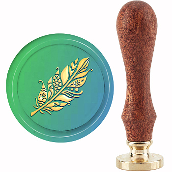 Brass Wax Seal Stamp with Handle, for DIY Scrapbooking, Feather Pattern, 89x30mm