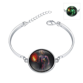 Halloween Torch Luminous Bracelets, Silver Color Plated Zinc Alloy and Glass, Fluorescent Green, 150mm