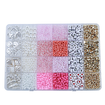 DIY 24 Style Acrylic & ABS Beads Jewelry Making Finding Kit, Flat Round & Star & Barrel & Round & Heart & Strip & Rhombus, Pearl Pink, 6~18.5x6~15x2.2~16.5x1.5~7.5mm, Hole: 0.7~1.8mm