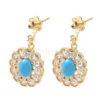 Brass Pave Cubic Zirconia Stud Earring Findings, Oval, with 925 Sterling Silver Pin and Synthetic Turquoise, for Half Drilled Beads, Real 18K Gold Plated, 30x15.5mm, Pin: 0.6mm(KK-C172-12G)