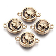 Glass Links connectors, with Light Gold Plated Alloy Findings, Flat Round with Clover, Indigo, 13.5x19.5x6.5mm, Hole: 1.6mm(GLAA-T015-20B)