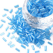 Transparent Colours Luster Glass Bugle Beads, Round Hole, Deep Sky Blue, 3~8x2mm, Hole: 0.7mm, about 450g/pound(SEED-N005-001-A08)