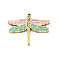 304 Stainless Steel Enamel Charms, Dragonfly Charm, Real 14K Gold Plated, Pink, 12x15x1mm, Hole: 0.7mm(STAS-L022-488D-G)