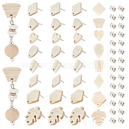 32Pcs 8 Style Trapezoid & Rhombus & Teardrop & Heart & Leaf Ash Wood Stud Earring Findings, with 304 Stainless Steel Pin and 32Pcs Ear Nuts, Antique White, 12~20.5x11~17.5mm, Hole: 1.6~2mm, Pin: 0.7mm, 4Pcs/style(STAS-UN0047-21)