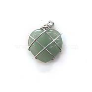 Natural Green Aventurine Copper Wire Wrapped Pendants, Heart Charms, Silver Color, 20mm(FIND-PW0015-21E)