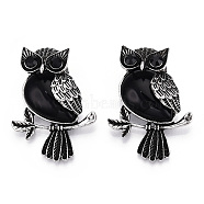 Alloy with Black Glass Pendants, Owl Charms, Antique Silver, 47x34x19mm, Hole: 8x9.5mm(PALLOY-N176-24)