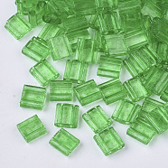 2-Hole Baking Painted Transparent Glass Seed Beads, Rectangle, Lime Green, 5x4.5~5.5x2~2.5mm, Hole: 0.5~0.8mm(SEED-S023-32C-05)