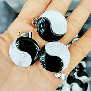 Natural Obsidian & Howlite Pendants, Yin-yang Charms with Platinum Tone Alloy Snap on Bails, 29x25x8mm, Hole: 6x3mm(FIND-Q109-02)