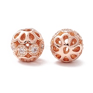 Rack Plating Brass Micro Pave Clear Cubic Zirconia Beads, Long-Lasting Plated, Round with Flower, Rose Gold, 8mm, Hole: 1.4mm(ZIRC-F126-10RG)