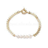 Natural Pearl Beaded Link Anklet with Brass Cob Chains for Women, Real 18K Gold Plated, 9-3/8 inch(23.8cm)(AJEW-AN00525)