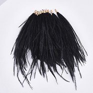 Ostrich Feather Tassel Big Pendant Decorations, with Brass Findings, Golden, Black, 130~170x4mm, Hole: 1.6mm(FIND-S302-08L)