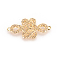 Brass Micro Pave Cubic Zirconia Links, Clear, Long-Lasting Plated, Real 18K Gold Plated, Chinese Knot, 14.5x29x2mm, Hole: 1.5mm(X-ZIRC-G125-06G)