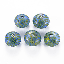 Transparent Handmade Blown Glass Globe Beads, Stripe Pattern, Flat Round, Cornflower Blue, 15.5~17.5x10~12mm, Hole: 1~2mm(X-GLAA-T012-19C)